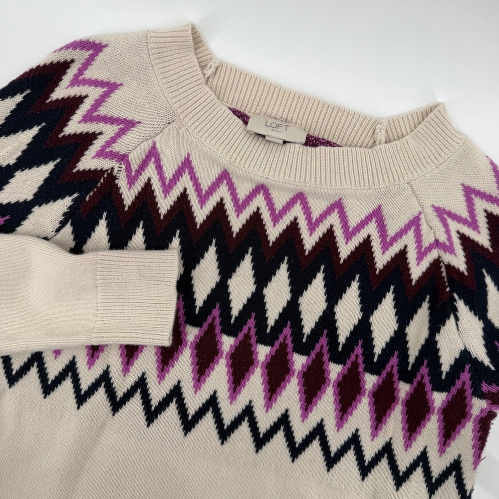 LOFT Women's Cream Geometric Fair Isle Knit‎ Sweater Size Large